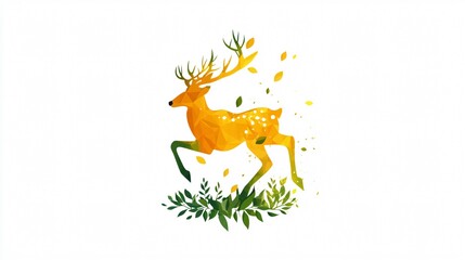 Fototapeta premium Geometric Deer in Motion: A low poly, minimalist illustration of a deer leaping amidst falling leaves, blending nature and modern art.