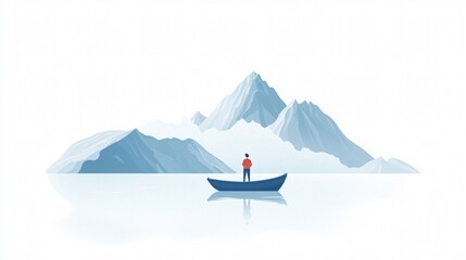 Solitary Boat amidst Serene Waters and Misty Mountain Peaks: A Contemplative Journey into Nature's Embrace