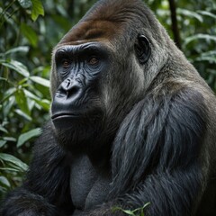 Naklejka premium Into the Abyss: A Close Encounter with the Wise Silverback Gorilla. Regal Silverback, Portrait of a Stern-Faced Gorilla in Isolation 