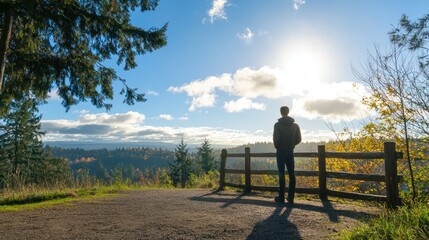 Obraz premium A person standing in their favorite outdoor spot, such as a park or scenic viewpoint, looking out at the beautiful surroundings.