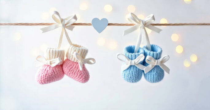 Gender reveal invitation or banner template with pink and blueknitted booties. Congratulatory card for the birth of twins.  Congratulatory banner or card for the birth of a child