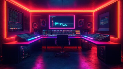 Neon Dreams: A vibrant and modern music studio, bathed in pink and blue neon lights, showcasing state-of-the-art audio equipment and technology.