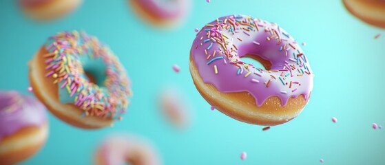 Donuts with colorful sprinkles floating in the air, creating a whimsical and fun atmosphere for dessert lovers and food enthusiasts in sweet confectionery.