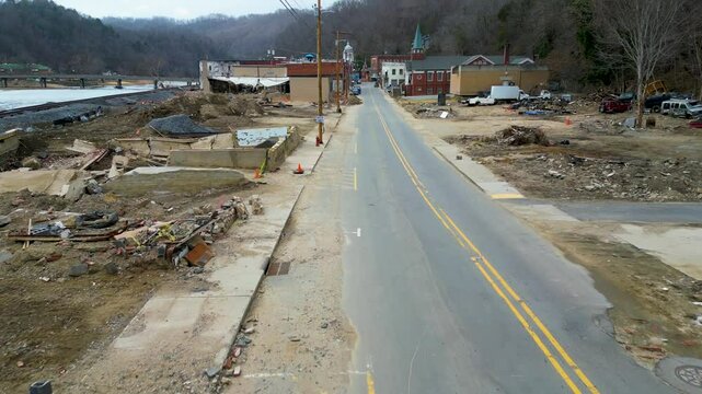 4K Aerial Drone Video of Damaged Buildings in Historic Downtown Marshall, NC Caused by Hurricane Helene (2024)