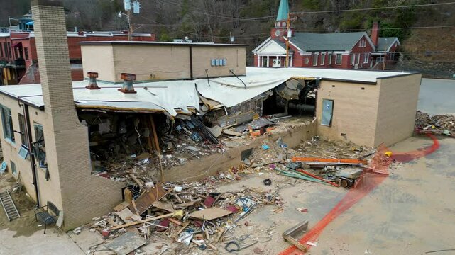 4K Aerial Drone Video of Damaged Buildings in Historic Downtown Marshall, NC Caused by Hurricane Helene (2024)