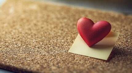 Sticky Note with Red Heart on Cork Board Surface, Empty Space for Message or Reminders in Inspirational Setting, Ideal for Romantic or Creative Projects