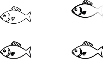 Simple cartoon fish, black and white line drawing, repeated pattern, cute fish characters, minimalist aquatic illustration, childlike sketch style, four identical fish, rounded bodies, big eyes, basic