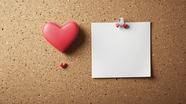 Empty sticky note on corkboard with heart decorations ready for a love message or reminder for special occasions or personal notes