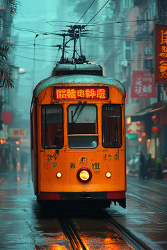 Orange Tram Car Rain City Street Scene