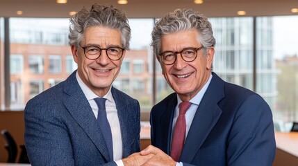 Fototapeta premium Business leaders shaking hands corporate office professional meeting urban setting close-up partnership building