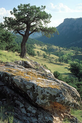 Fototapeta premium Lone Tree on Rocky Outcrop Overlooking Valley