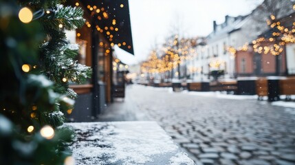 Fototapeta premium Festive winter decor on cobblestone street with cafe ambience