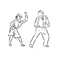 Couple in love dancing and having fun, hand drawn outline illustration. swing dance. vector