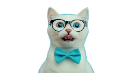 Adorable white cat with glasses and a blue bow tie, exuding a quirky and whimsical charm, perfect for themed designs and creative projects featuring pets and humor.