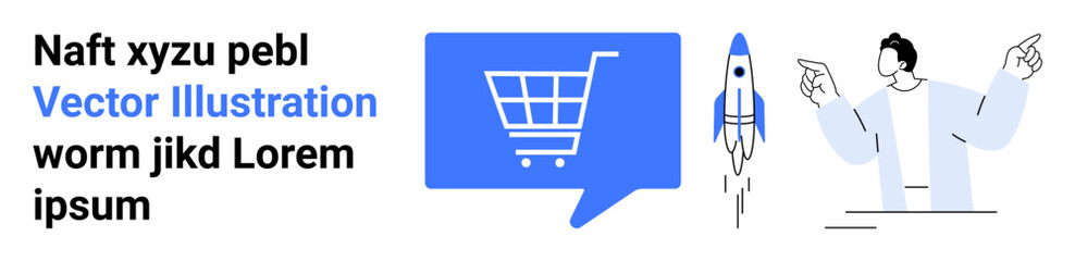 Shopping cart in blue speech bubble, rocket launching, person gesturing Ideal for e-commerce, digital marketing, technology, innovation, advertising, startup culture. Landing page