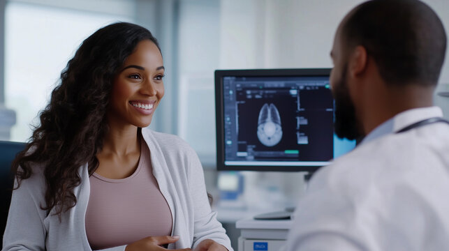 A modern prenatal ultrasound session in a hospital, where a female doctor examines a fetus on a computer monitor. A pregnant woman smiles warmly as her boyfriend sits beside her, o