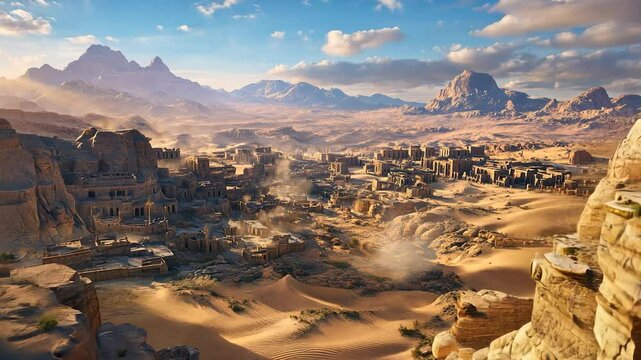 The is shown in the game assassin's creed origins. Ancient, arabic, city, desert, sand, rocks, landscape. A desert landscape with sand and rocks. A city in the desert with sand and rocks. Lifestyle.