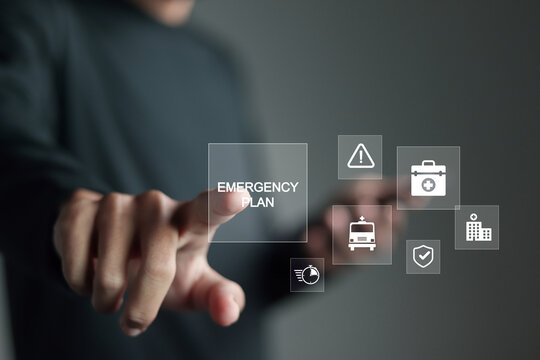 Emergency Preparedness Plan concept. Learn and prepare in emergency situation. Businessman touching Emergency plan icon on virtual screen.