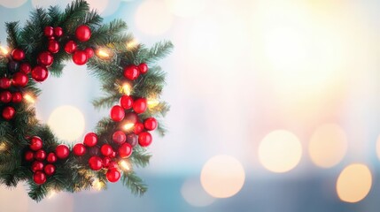 Festive holiday wreath with blurred cityscape background for seasonal decor and celebration