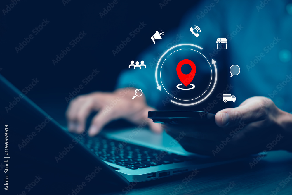 Fototapete man using laptop with virtual world and model map with location point , gps app, icon travel maps an