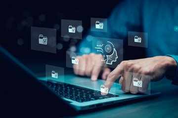 Programmer people working laptops or smartphones with AI, artificial intelligence software engineer coding on laptop computers with technology icons and binary code, big data, Ai bot digital machine