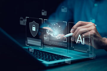 Programmer people working laptops or smartphones with AI, artificial intelligence software engineer coding on laptop computers with technology icons and binary code, big data, Ai bot digital machine