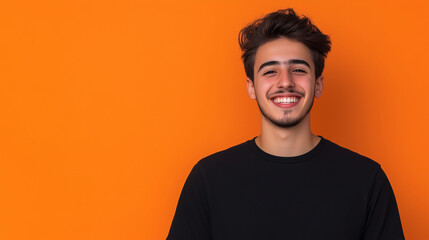 Fototapeta premium Smiling Young Adult with a Bold Orange Background. vibrant backdrop, joyful smile, cheerful individual, youthful energy, positive attitude, friendly aura, happiness and warmth