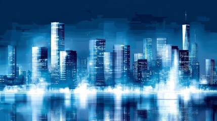 Obraz premium Futuristic city skyline at night with a blue hue reflecting on the water.