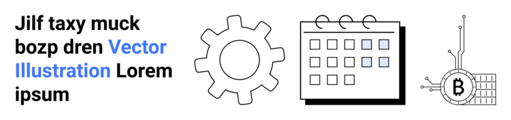 Gear for machinery and automation, calendar for scheduling and organization, bitcoin circuit for cryptocurrency and digital transactions. Ideal for tech blogs, business solutions, manufacturing