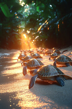 Sea Turtles March Toward Sunset Golden Light