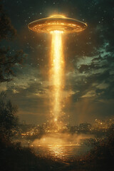 Obraz premium Golden UFO descends over glowing city night scene