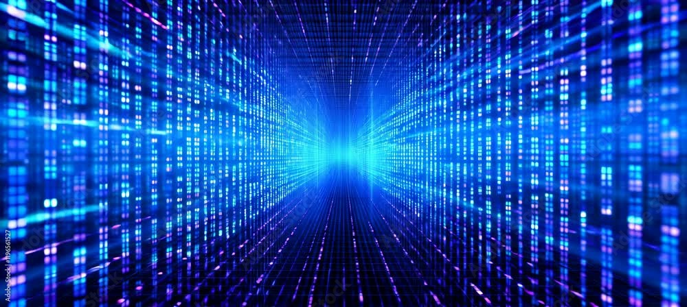Fototapete Tunnel portal virtual space technology background with matrix data flow. Fast speed motion effect. Generative video AI technology.