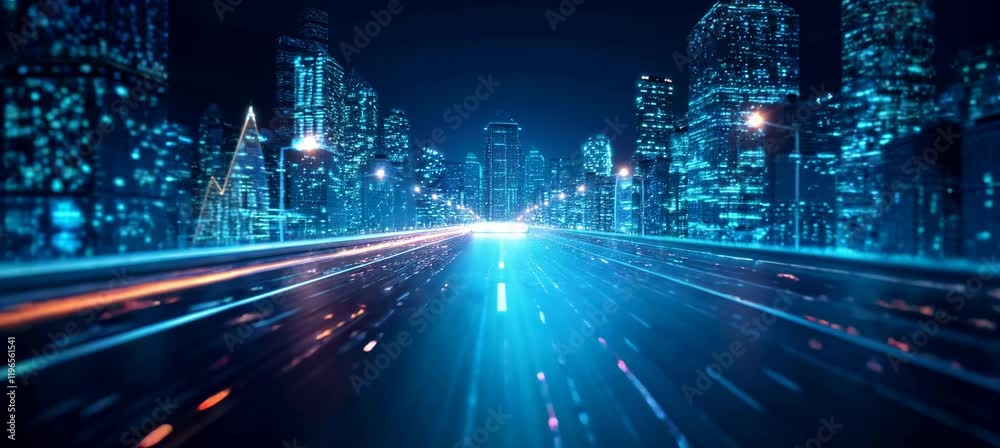 Poster Virtual digital highway technology with city building. Fast speed motion effect. Generative video AI technology.	
