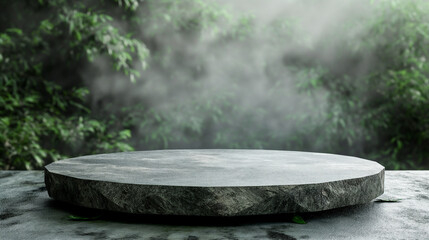 Stone Platform in Lush Tropical Rainforest With Morning Sunlight. Generative AI