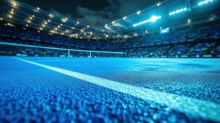 Naklejka premium Night Tennis Court Stadium: A Blue Oasis Under the Lights