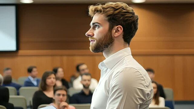 Business Professional Preparing for Presentation with Audience Waiting
