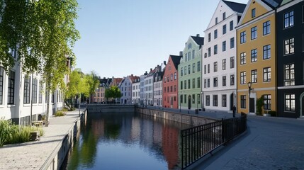 Obraz premium Colorful canal-side buildings, sunny day, peaceful waterfront