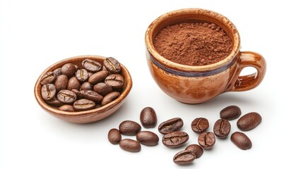 Obraz premium Overhead view of a coffee cup with cocoa powder and beans arranged artistically on a white background