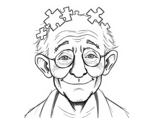 Hand-drawn sketch of old man with puzzles in his head pencil strokes on white background