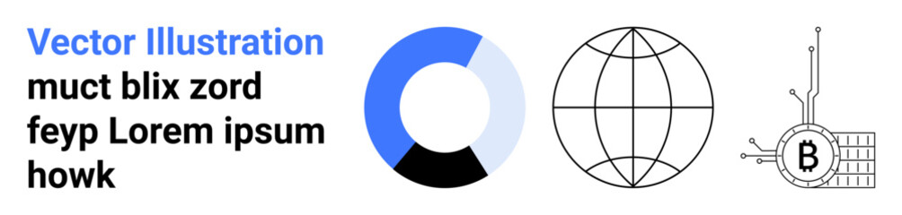 Fototapeta premium World globe, pie chart with blue, gray, and black segments, and a microchip with a Bitcoin symbol. Ideal for financial presentations, tech blogs, data analysis, cryptocurrency, global business