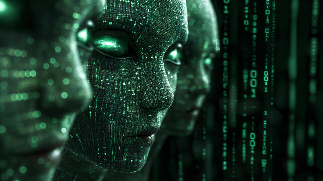 Green binary code fills the screen with alien glyphs surrounding a mysterious being. Generative AI