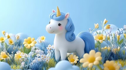 unicorn with a light blue mane stands in a vibrant field of yellow and blue flowers, basking under a bright, clear sky with fluffy clouds