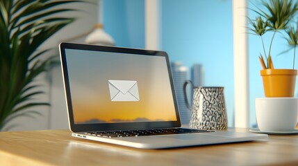 A person is sending an email in a home office, using a laptop with natural light. The atmosphere is peaceful and productive.