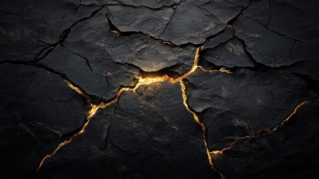 Glowing cracks in dark rock texture background