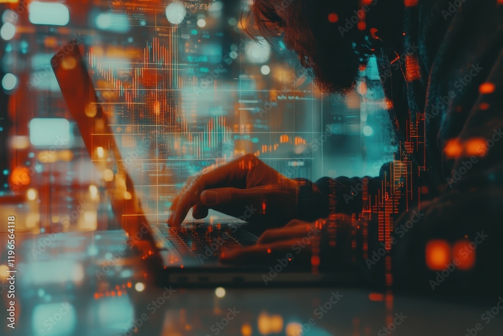 Poster cyberpunk hacker working late night on laptop computer with futuristic interface and digital data st