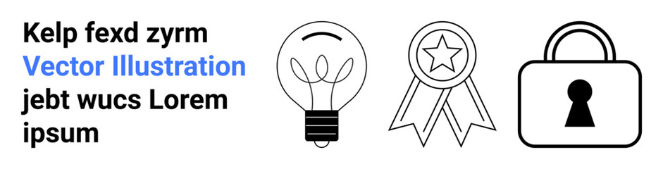 Lightbulb representing innovation, award ribbon symbolizing achievement, and padlock indicating security. Ideal for technology, business success, personal growth, safety, creativity, recognition