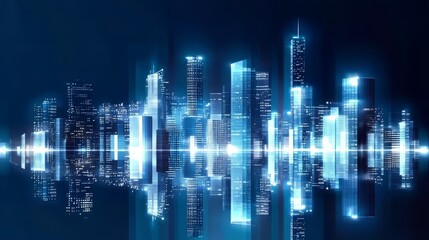 Futuristic city skyline with illuminated skyscrapers reflecting in a dark atmosphere.