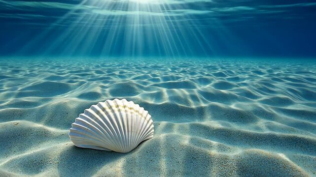 Underwater view of a scallop shell resting on sandy ocean floor illuminated by sun rays
