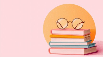 Colorful Stack of Books with Round Glasses on a Soft Pink Background for Learning and Reading Concept