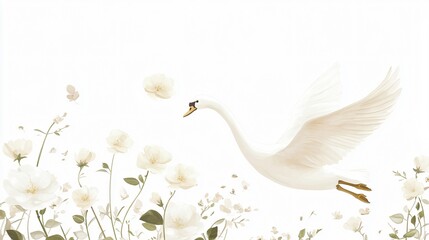White Swan in Flight Amidst Delicate Flowers | A Serene Nature-Inspired Artwork